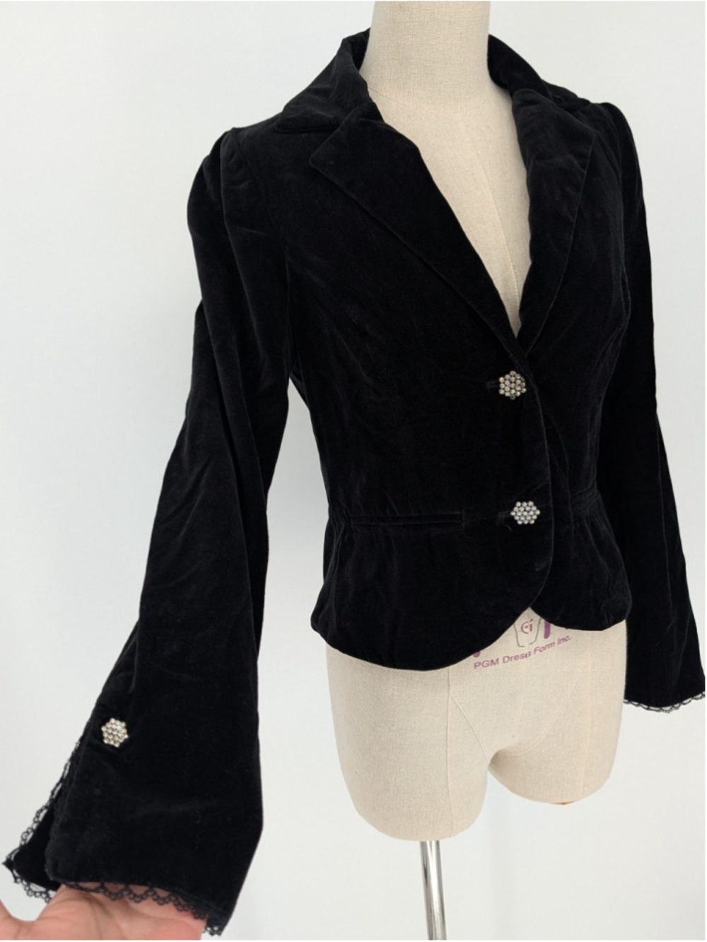 2005 Old Navy Black Cotton Velvet Blazer Rhinestone Buttons Lace Cuffs S